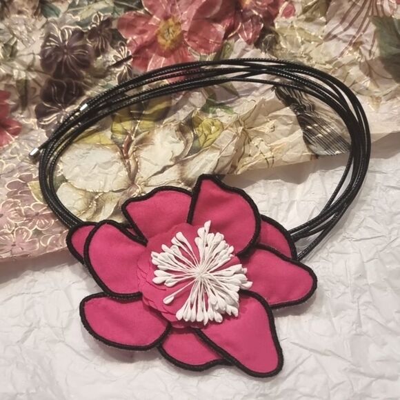 New ZARA Floral Cord Choker Necklace In Fushia Pink - Picture 5 of 8